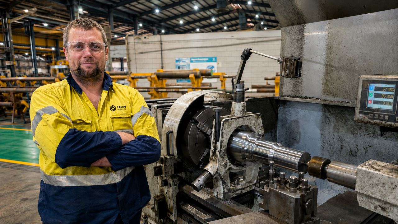 A Lean Mining machinist at a lathe in a workshop, a heavy shaft set up in the chuck.