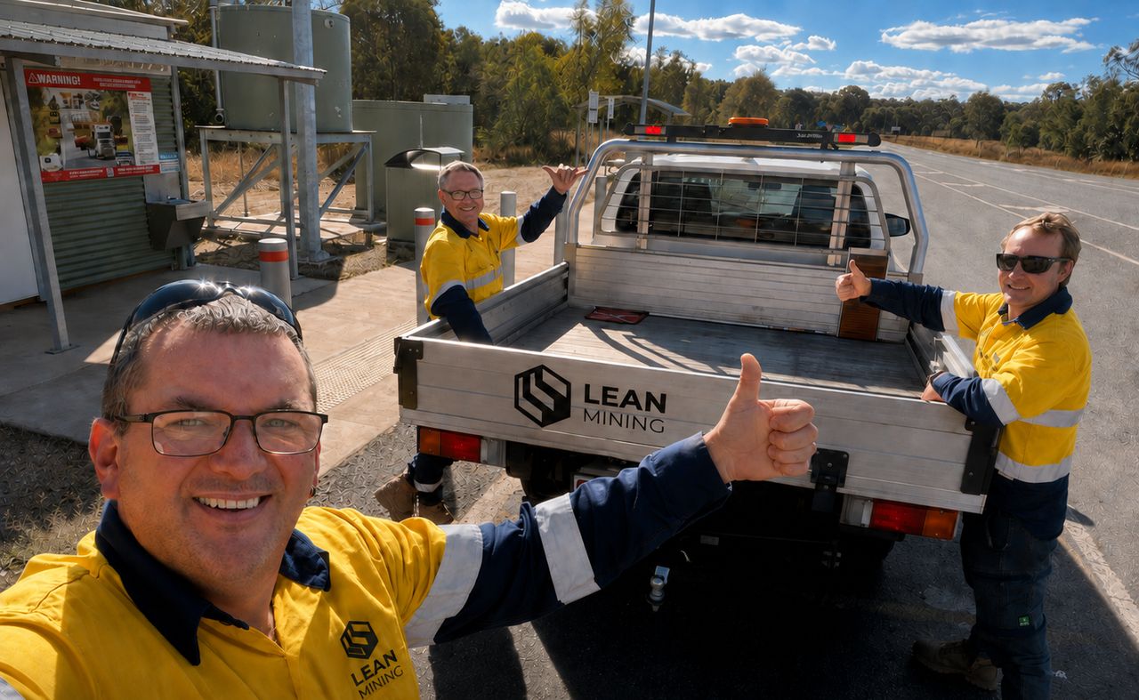 Three members of the Lean Mining team beside a branded utility vehicle.